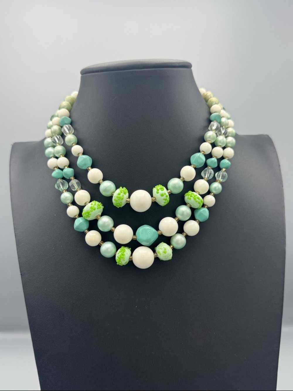 Japan Multi-Strand Mint & White Beaded Necklace by